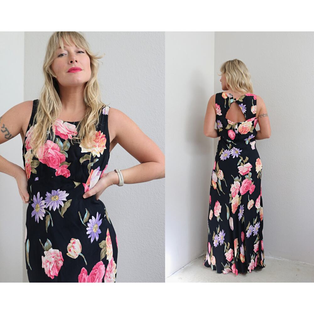 1990's Vintage Indian Rayon Bias Cut Floral Long Maxi Dress ~ Women's MD LG
